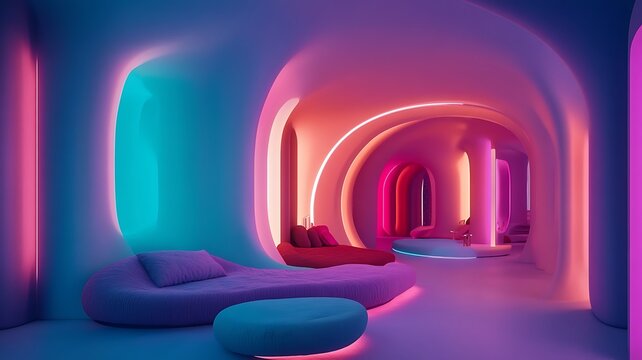 Futuristic Lounge with Neon Lights and Organic Forms