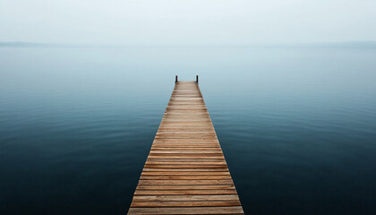 Serene wooden pier extending into calm water under a hazy sky.