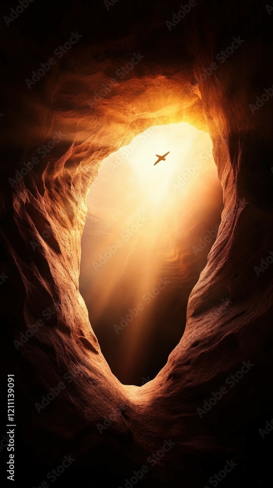 Poster a dramatic view of a cavern with warm light pouring in from above, illuminating the scene and creati