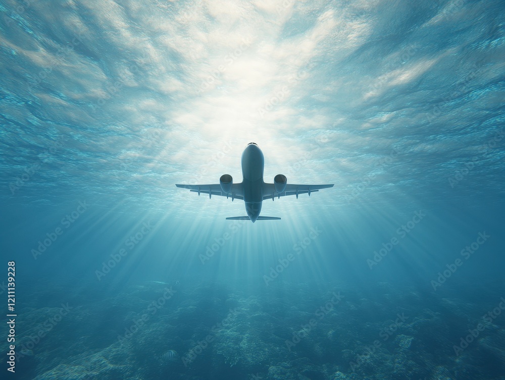 Poster an airplane is seen submerged underwater, illuminated by beams of light filtering through the surfac