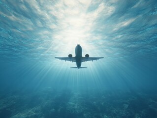 An airplane is seen submerged underwater, illuminated by beams of light filtering through the surface, creating a surreal and captivating scene.