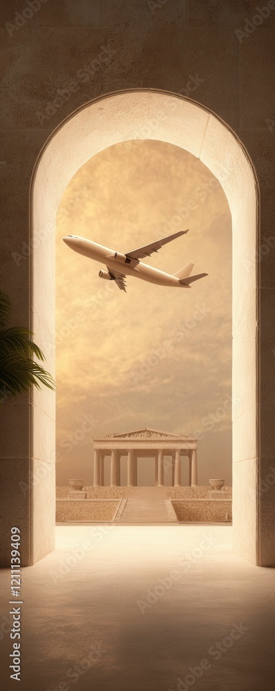 Poster a serene view through an archway features a plane flying over a classical structure, blending travel