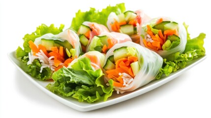 A plate of colorful vegetable spring rolls with fresh vegetables including carrots, cucumber, bell peppers