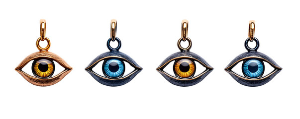 Obraz premium Four Eye-Shaped Pendants with Varied Gem Colors Isolated on Black Background