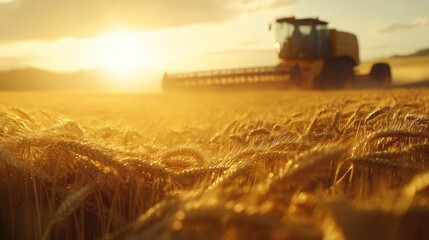 Fototapeta premium Harvesting Wheat Field at Sunrise