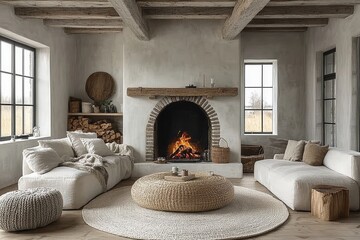 Fototapeta premium White living room with wooden floor, fireplace, and round white rug near sofa, Scandinavian style decor.