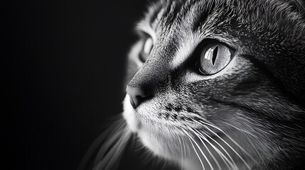 Close up black and white photography of a cat with zoom on Its face and black background