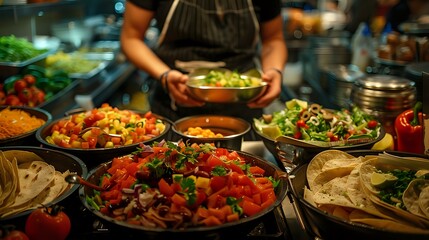 Obraz premium Fresh colorful dishes prepared by chef in restaurant kitchen, variety of healthy salads and appetizers served in rustic bowls for catering or buffet service.