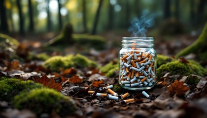 Obraz premium Smoking Cessation Jar in Forest Setting
