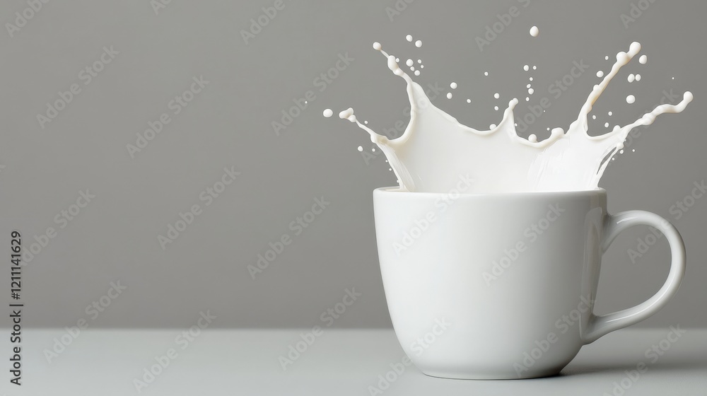 Poster milk splash in mug: dynamic image of fresh milk splashing dramatically into a pristine white mug aga