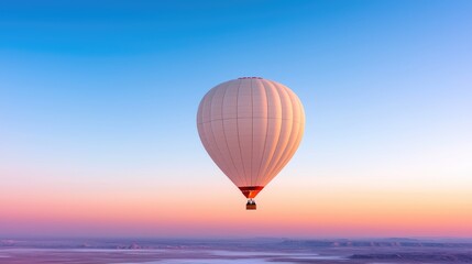 Fototapeta premium White hot air balloon floating peacefully in a gradient pastel sky during a serene sunrise.
