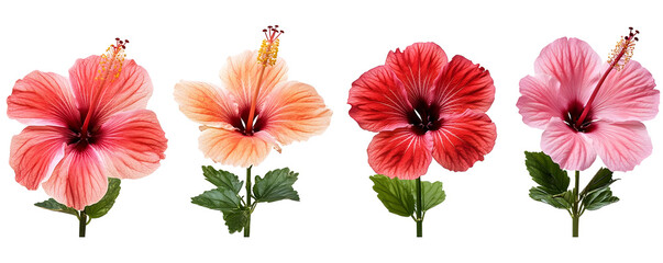 Four Hibiscus Flowers in Various Colors Isolated on a Transparent Background