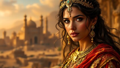 Obraz premium Stunning Indian Princess Portrait Golden Jewelry Desert Palace