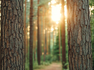 Serene forest scene with sunlight filtering through tall trees.