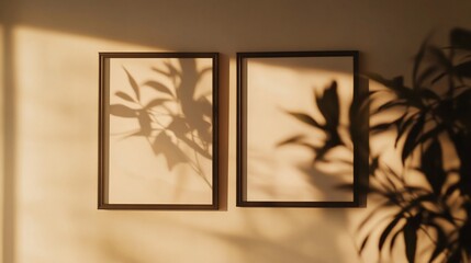 Two framed pictures on a wall with shadows of plants casting on them in warm light