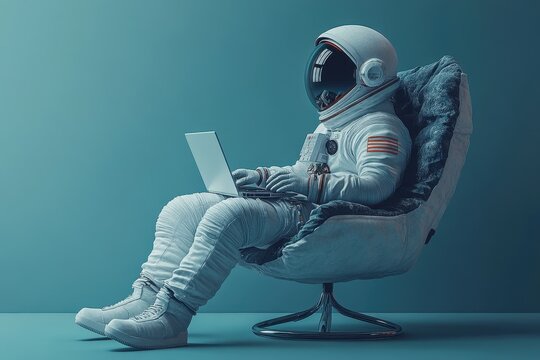 3D render of an astronaut seated on a futuristic chair with a contemplative pose.