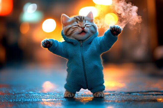Pet health. Happy cute baby cat pixiebob in winter warm clothes, winter breath from nose and mouth in frosty breeze. Comical pets. Kitten winter hood. Pet winter boots. Cozy pet jacket.