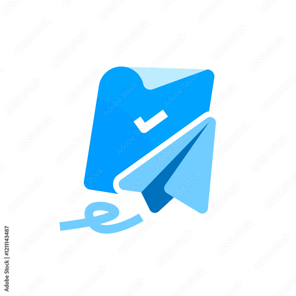 Poster flat illustration of paper sheet with check mark and paper plane. successful data, document, or file