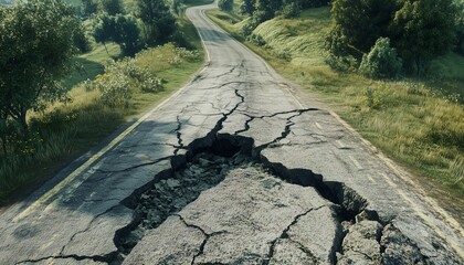 Cracked damage road asphalt with trees on side impact from earthquake