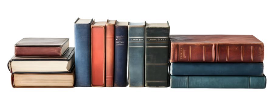 Collection of Vintage Books Arranged in a Row Isolated on Transparent Background