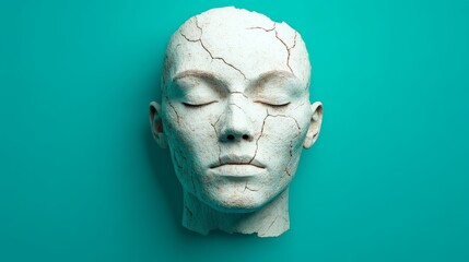 Cracked Plaster Head: Serene and enigmatic, a cracked plaster head rests against a vibrant teal backdrop, its closed eyes hinting at a story untold.