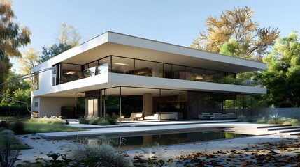 Fototapeta premium Minimalist home exterior with a flat roof and large windows