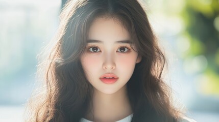 Fototapeta premium Closeup portrait of a doll with long brown hair and white shirt, detailed study of expression style
