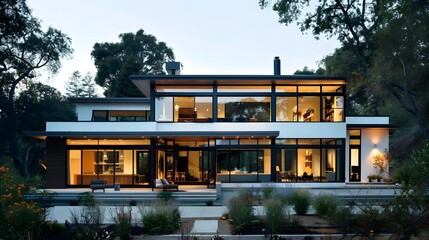Fototapeta premium Minimalist home exterior with a flat roof and large windows