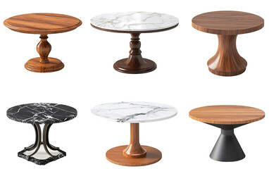 Set of different styles of retro vantage wood and modern marble coffee table available on transparent background.PNG