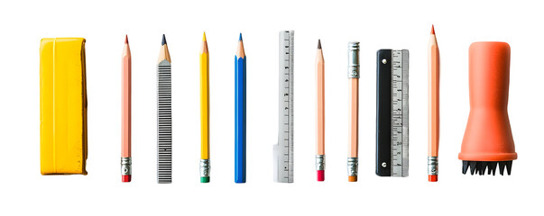 Stationery items arranged on a black background, including pencils, rulers, and an eraser, isolated on transparent background.