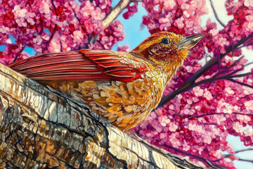 vibrant red-orange bird perched on branch among pink blossoms in impressionist nature art painting illustration with spring theme  
