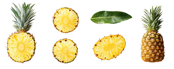 Whole and sliced pineapples with leaf isolated on a transparent background.