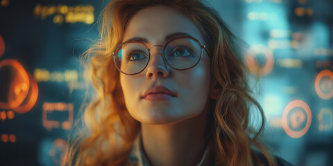 Innovative tech visionary modern office portrait style futuristic environment close-up view exploration of ideas