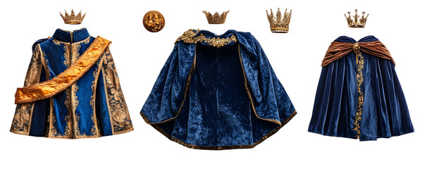 Royal Blue Velvet Robes with Gold Accents and Crowns, Isolated on Transparent Background