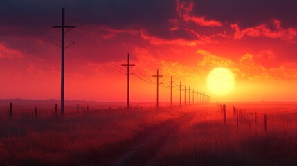 Obraz premium Serene sunset over a rural landscape with telephone poles lining a dirt path under colorful skies