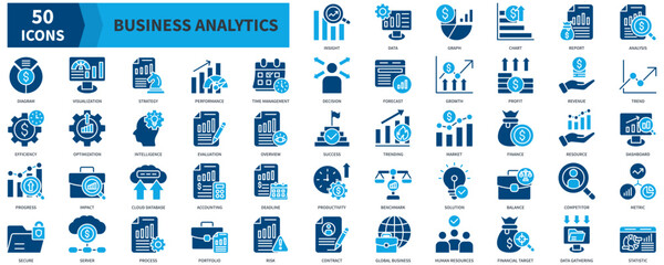 Business Analytics  Icon Collection Set. Containing insight, data, report, analysis, statistic, strategy, performance, efficiency, evaluation, trending Icon. Simple Flat Vector. Blue Color Style