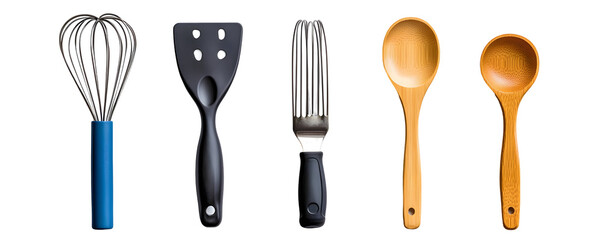Kitchen Utensils Set: Whisk, Spatula, Scraper, and Wooden Spoons Isolated on Transparent Background