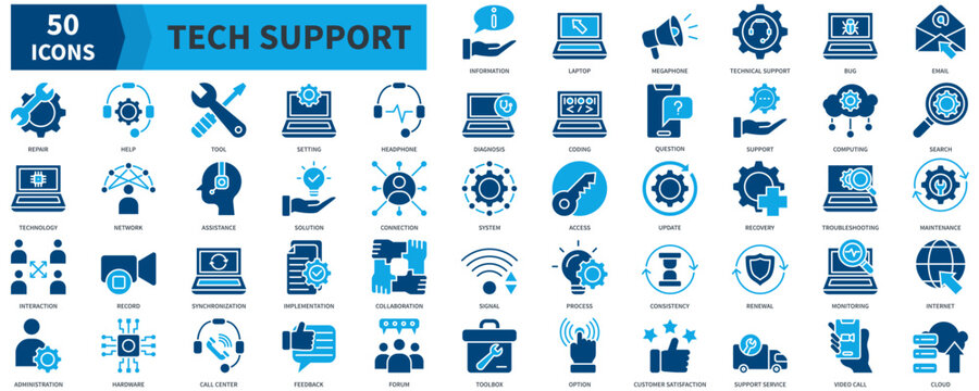 Tech Support  Icon Collection Set. Containing information, technical support, email, help, question, assistance, solution Icon. Simple Flat Vector. Blue Color Style