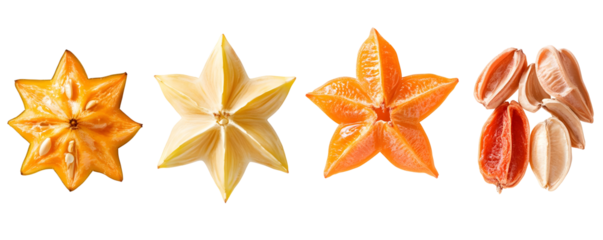 Star fruit slices in various colors isolated on a transparent background.  A vibrant collection of  carambola fruit segments, showcasing different ripeness stages, against a clean,
