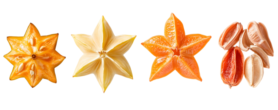 Star fruit slices in various colors isolated on a transparent background.  A vibrant collection of  carambola fruit segments, showcasing different ripeness stages, against a clean,