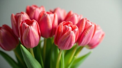 A Delicate Bouquet of Coral Tulips, Close-Up View Showing Petals and Stems