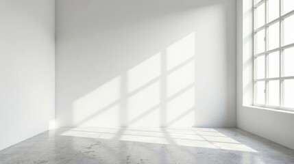 Sunlit Empty Room with Concrete Floor and Large Window Showing Light Patterns