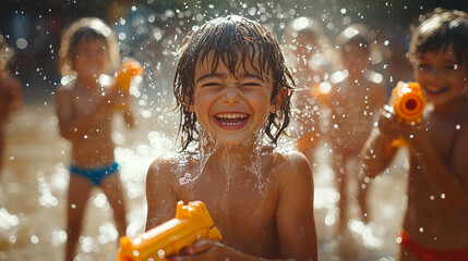 Obraz premium a group of kids playing with water guns in a backyard, spraying each other while laughing, with water droplets sparkling in the air under bright summer sunlight