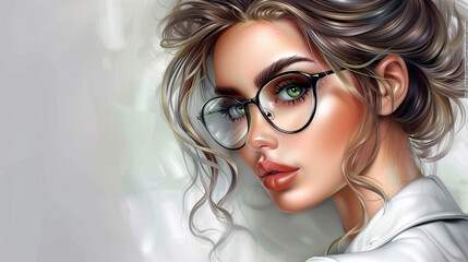 Fototapeta premium Glasses sale banner. Young happy woman in fashionable glasses. Space for text. For banner, web line. Discount in optics store. Glasses
