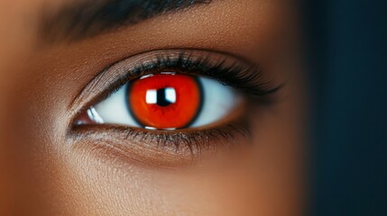 Obraz premium Crimson Gaze: A captivating close-up of a woman's eye featuring intense red colored contact lenses, the rich color contrasting beautifully against dark skin. The image is mysterious and alluring.