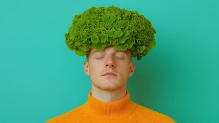 Lettuce Be: A playful and surreal image of a young man with a lush head of lettuce for hair, showcasing an imaginative and whimsical approach to food and fashion.