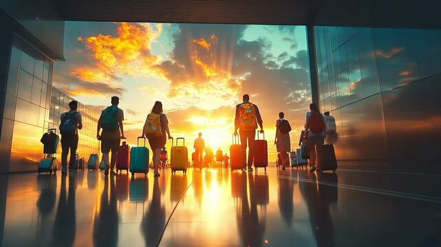 Sunset Departure: Silhouetted travelers with luggage walk towards a vibrant sunset, their journey symbolizing adventure and new beginnings. The gleaming airport floor reflects the scene.