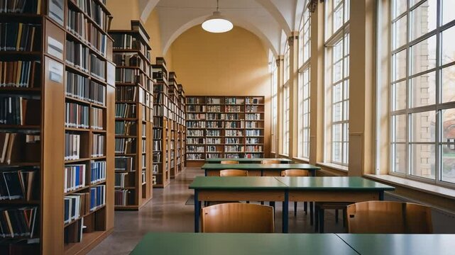 A quiet school library, with tall book shelves, large windows letting in natural light, and an open book.