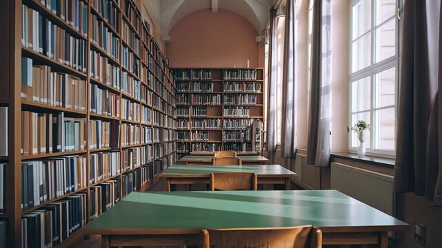 A quiet school library, with tall book shelves, large windows letting in natural light, and an open book.