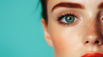 Close-up Beauty: A mesmerizing close-up of a woman's eye,  with alluring green eyes, freckled skin and bold red lips. Her captivating gaze promises beauty and confidence.  